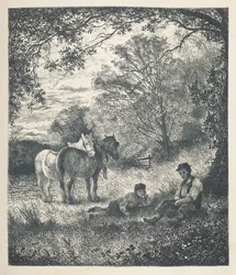 Homme, garçon et chevaux de trait. 