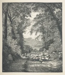 Moutons conduits par un berger, le long d