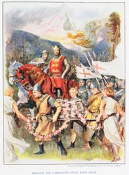 Le transport de la pierre du couronnement depuis Scone, illustration tirée de « Stories of Royal Children from English Stories » de Doris Ashley, publié par Raphael Tuck, 1920