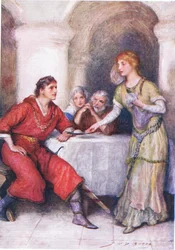 Enid attend Geraint, illustration pour Histoires pour enfants de Tennyson par Nora Chesson