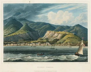 La ville de Roseau, Dominique (Caraïbes). Lithographie par le lieutenant John Herbert Caddy (1801-1883)