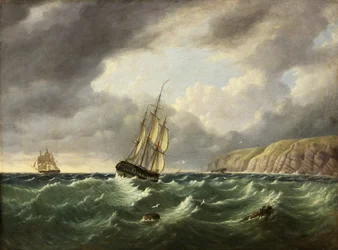 Paysage marin, avec deux navires et falaises