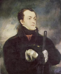Portrait du capitaine Lyon, mi-longueur, en manteau bordé de fourrure, tenant un fusil