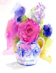 Rose et bleuets dans un pichet