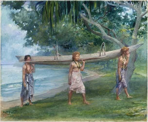 Filles portant un canoë, Vaiala à Samoa