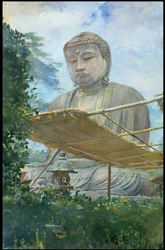 La grande statue du Bouddha Amida à Kamakura, connue sous le nom de Daibutsu, depuis le jardin du prêtre