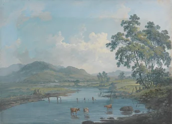 Paysage fluvial avec bétail s
