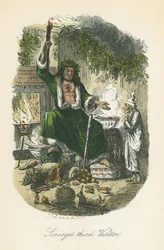 Le Fantôme du Noël présent apparaissant à Scrooge. Illustration de John Leech pour Un chant de Noël de Charles Dickens, Londres 1843-1834