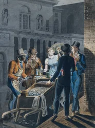 Vie nocturne à Philadelphie - une charrette à huîtres devant le théâtre de Chestnut Street, 1811-1813