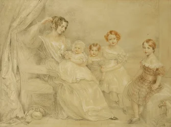 Portrait de Mme W.S. Fry et de ses quatre enfants : Emma, Willy, Julie et Georgina, assis dans un intérieur, 1840