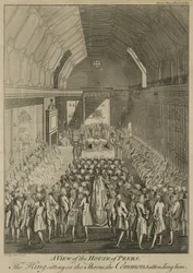 Vue de la Chambre des Lords avec le Roi sur le trône, les Communes l