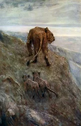 En alerte - Lionne et lionceaux, vers 1878-1910, 1912