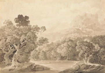 Rive boisée, ville sur colline et sommets de montagnes au loin