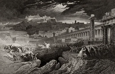 Marcus Curtius chevauchant dans le gouffre, gravé par H. Le Keux