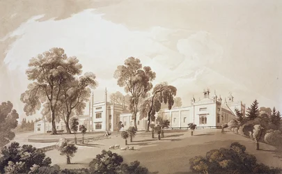 Vue de la Ferme avec Écran pour les Écuries et Bâtiments Agricoles à Sezincote House, gravé par Frederick Christian Lewis Snr. (1779-1856), c.1817-18