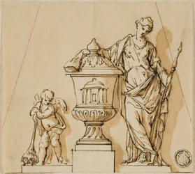 Conception pour un monument funéraire avec le Destin, Putto et Urne