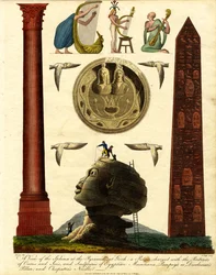 Vue du Sphinx aux Pyramides de Gizeh : une Patera chargée des portraits d