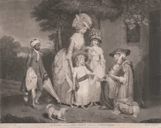 Une dame et ses enfants secourant une villageoise