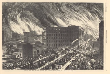 Chicago en flammes - la ruée pour la vie sur le pont de la rue Randolph, illustration de Harper