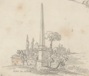 Un obélisque avec des toits et des arbres au loin