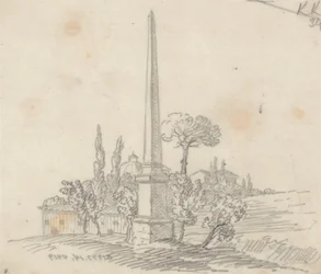 Un obélisque avec des toits et des arbres au loin