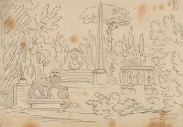 Obélisque et statues dans un jardin