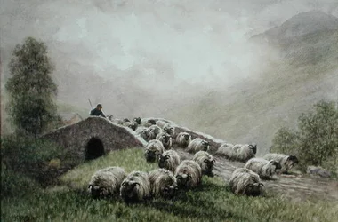 Pont des Highlands avec berger et troupeau