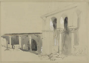 La Grande Place à Torcello, 1850 (plume, encre et lavis sur graphite avec gouache sur papier vélin brun)