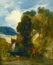 Paysage fluvial avec un pêcheur et son chien