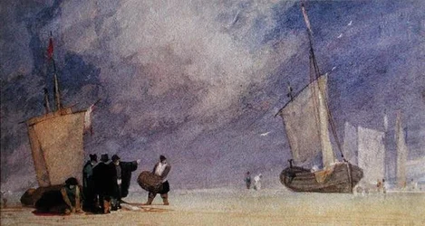 Figures sur le rivage déchargeant un bateau à marée basse