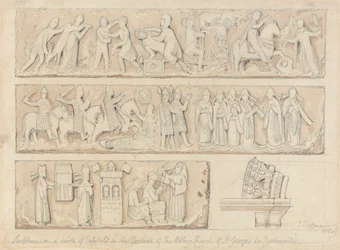 Sculpture sur une suite de chapiteaux dans les cloîtres de l