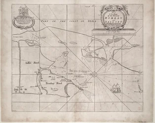 Carte de Bombay et Sallset par Samuel Thornton, hydrographe de la Compagnie des Indes orientales, publiée pour la première fois vers 1685