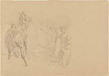 Homme tirant un cheval dans un box, 1918