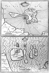 Cartes de Holy Island et de Farne Island, Northumberland, tirées de «The Theatre of the Empire of Great Britaine» de John Speed, 1676