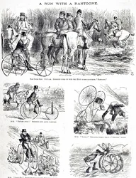 Une caricature représentant un homme chassant en tricycle. Illustré par John Tenniel (1820-1914) un illustrateur anglais, humoriste graphique et caricaturiste politique