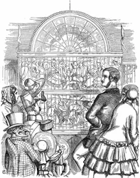 Albert, prince consort de la reine Victoria, montrant le Crystal Palace et la Grande Exposition à Hyde Park, Londres. Caricature de John Tenniel dans Punch, Londres, 1851. Gravure sur bois