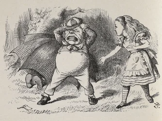 Alice avec Tweedledum en colère et Tweedledee caché