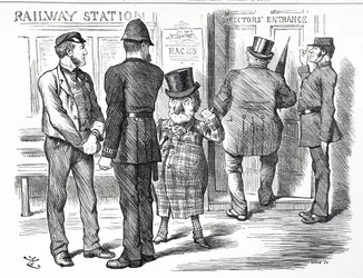 Dessin humoristique commentant les appels à rendre obligatoire un système de signalisation par blocs sur les chemins de fer britanniques