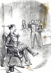 Caricature représentant une pince de tête utilisée pour maintenir le sujet du photographe immobile