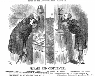 Ouverture de la ligne téléphonique anglo-française. Le Premier ministre britannique (Lord Salisbury) en conversation avec le président français (Sadi Carnot). Caricature de John Tenniel dans Punch, Londres, 28 mars 1891