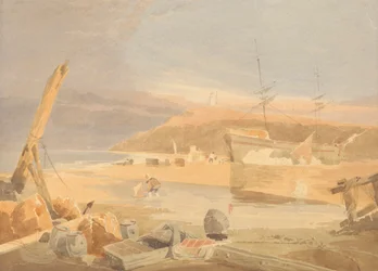 Scène de rivage avec navire à voile au quai
