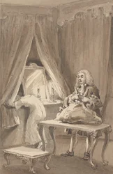 Hogarth après que sa femme a mis une nouvelle chemise de nuit, attache ses affaires pour les envoyer à Sir James Thornhill avec une lettre dans laquelle il lui dit, 