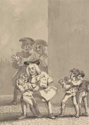 Hogarth suivi par Barry et un ami, attrapé en train de pousser un garçon à se battre pour capturer son expression craintive