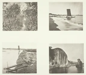 Une route de campagne près de Taiwanfu, un catamaran, des pompes à chaîne, des inscriptions rocheuses, Amoy, vers 1868