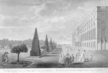 Vue oblique de la façade est de Hampton Court avec une partie du jardin, c.1744