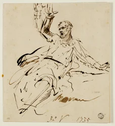Figure masculine assise avec bras levé