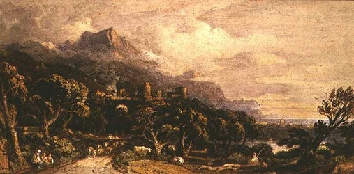 Paysage avec château et montagne