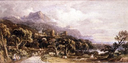 Paysage avec château et montagne