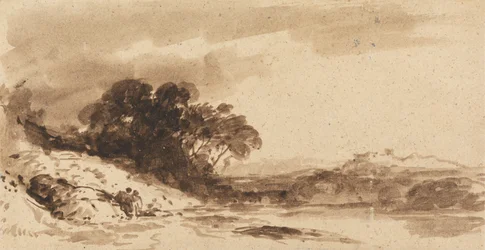 Paysage fluvial avec deux personnages, lac et montagnes lointaines