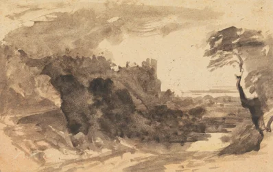 Paysage romantique avec un château et un arbre à droite